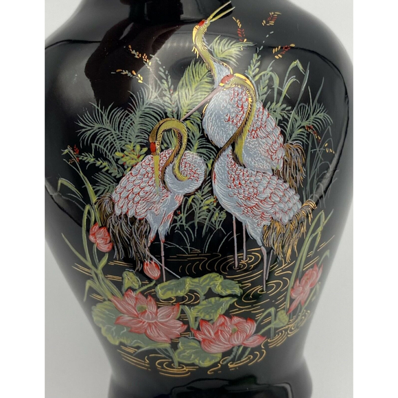 Vintage Japanese Cranes Floral Gold Accent Black Porcelain Vase 8" PRETTY - Picture 2 of 7